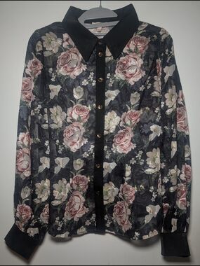 Peach Brand Sheer Floral Button-Up Blouse - Black with Dusty Pink Roses